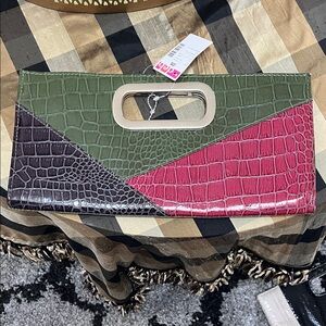 Tri-Panel Croc-Embossed Wristlet Clutch in Green, Pink & Brown